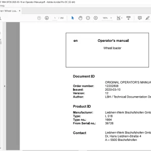 Liebherr L 518 1664 Wheel Loader Operator's Manual 39726 - PDF DOWNLOAD