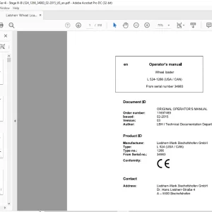 Liebherr L 524 1266 (USA / CAN) Wheel Loader Operator's Manual SN 34983 - PDF DOWNLOAD