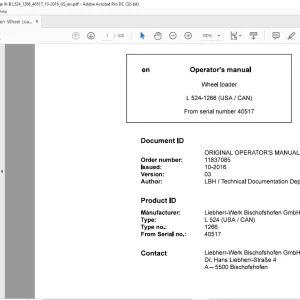 Liebherr L 524 1266 (USA / CAN) Wheel Loader Operator's Manual SN 40517 - PDF DOWNLOAD