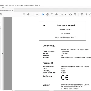 Liebherr L 524 1266 Wheel Loader Operator's Manual SN 40517 - PDF DOWNLOAD