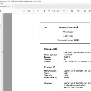 Liebherr L 524 1585 Wheel Loader Operator's Manual SN 34089 - PDF DOWNLOAD