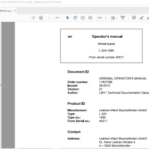 Liebherr L 524 1585 Wheel Loader Operator's Manual SN 40517 - PDF DOWNLOAD