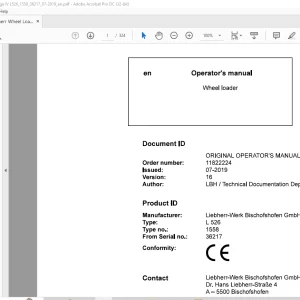 Liebherr L 526 1558 Wheel Loader Operator's Manual SN 36217 - PDF DOWNLOAD