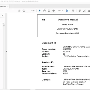 Liebherr L 528 1267 (USA / CAN) Wheel Loader Operator's Manual 40517 - PDF DOWNLOAD