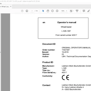 Liebherr L 528 1267 Wheel Loader Operator's Manual SN 40517 - PDF DOWNLOAD