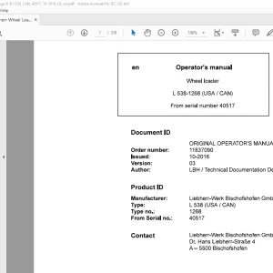 Liebherr L 538 1268 (USA / CAN) Wheel Loader Operator's Manual SN 40517 - PDF DOWNLOAD