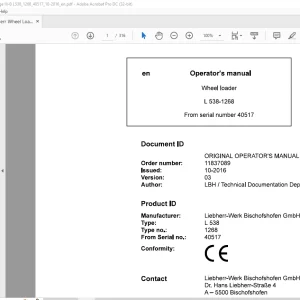 Liebherr L 538 1268 Wheel Loader Operator's Manual SN 40517 - PDF DOWNLOAD