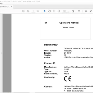 Liebherr L 538 1559 Wheel Loader Operator's Manual SN 41579 - PDF DOWNLOAD