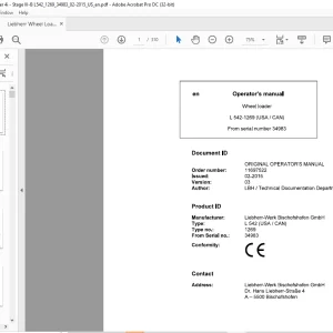 Liebherr L 542 1269 (USA / CAN) Wheel Loader Operator's Manual SN 34983 - PDF DOWNLOAD