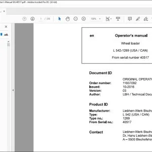 Liebherr L 542 1269 (USA / CAN) Wheel Loader Operator's Manual SN 40517 - PDF DOWNLOAD
