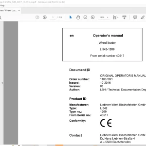 Liebherr L 542 1269 Wheel Loader Operator's Manual SN 40517 - PDF DOWNLOAD