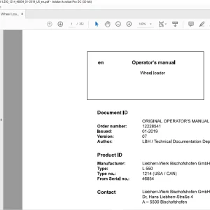Liebherr L 550 1214 (USA / CAN) Wheel Loader Operating Manual SN 46854 - PDF DOWNLOAD