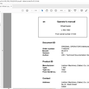 Liebherr L 550 1562 Wheel Loader Operator's Manual SN 31334 - PDF DOWNLOAD