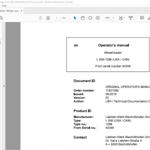 Liebherr L 556 1288 (USA / CAN) Wheel Loader Operating Manual SN 40349 - PDF DOWNLOAD