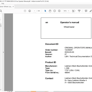 Liebherr L 556 1757 (USA/CAN) Wheel Loader Operator's Manual 48644 - PDF DOWNLOAD