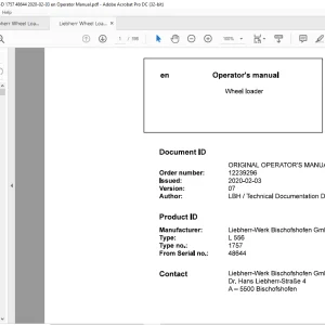 Liebherr L 556 1757 Wheel Loader Operator's Manual 48644 - PDF DOWNLOAD