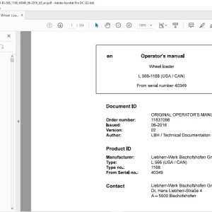 Liebherr L 566 1168 (USA / CAN) Wheel Loader Operator's Manual 40349 - PDF DOWNLOAD
