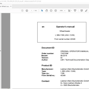Liebherr L 566 1168 (USA / CAN) Wheel Loader Operator's Manual SN 40349 - PDF DOWNLOAD