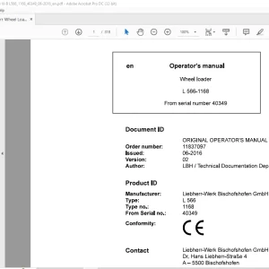 Liebherr L 566 1168 Wheel Loader Operator's Manual SN 40349 - PDF DOWNLOAD