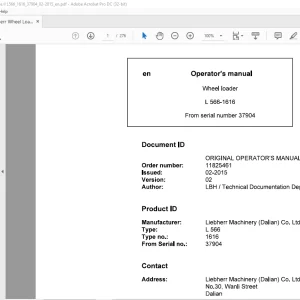 Liebherr L 566 1616 Wheel Loader Operator's Manual SN 37904 - PDF DOWNLOAD