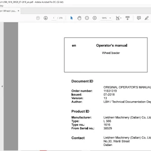 Liebherr L 566 1616 Wheel Loader Operator's Manual SN 38529 - PDF DOWNLOAD