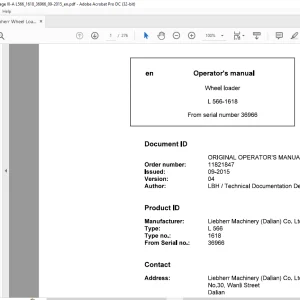Liebherr L 566 1618 Wheel Loader Operator's Manual SN 36966 - PDF DOWNLOAD