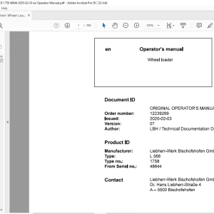 Liebherr L 566 1758 Wheel Loader Operator's Manual 48644 - PDF DOWNLOAD