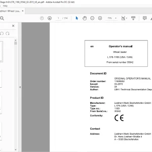 Liebherr L 576 1169 (USA / CAN) Wheel Loader Operator's Manual 35542 - PDF DOWNLOAD