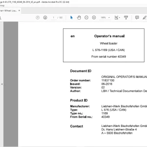 Liebherr L 576 1169 (USA / CAN) Wheel Loader Operator's Manual SN 40349 - PDF DOWNLOAD