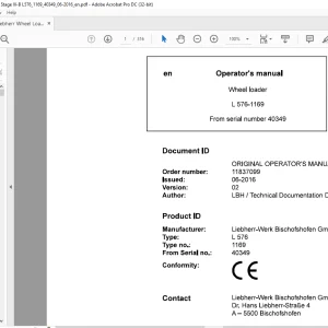 Liebherr L 576 1169 Wheel Loader Operator's Manual SN 40349 - PDF DOWNLOAD