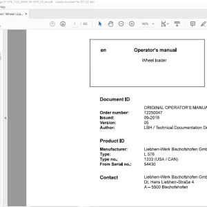 Liebherr L 576 1333 (USA / CAN) Wheel Loader Operating Manual SN 54430 - PDF DOWNLOAD