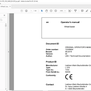 Liebherr L 576 1333 Wheel Loader Operator's Manual 54430 - PDF DOWNLOAD