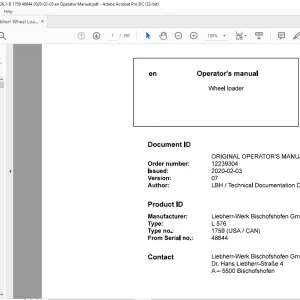 Liebherr L 576 1759 (USA/CAN) Wheel Loader Operator's Manual 48644 - PDF DOWNLOAD