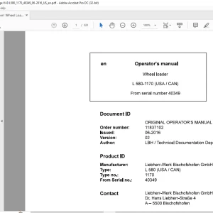 Liebherr L 580 1170 (USA / CAN) Wheel Loader Operator's Manual SN 40349 - PDF DOWNLOAD