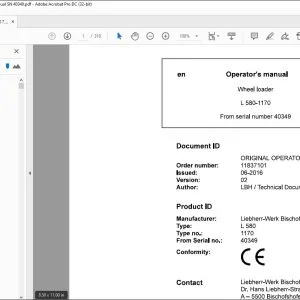 Liebherr L 580 1170 Wheel Loader Operator's Manual SN 40349 - PDF DOWNLOAD