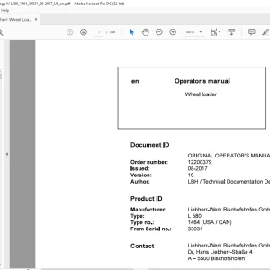Liebherr L 580 1464 (USA / CAN) Wheel Loader Operator's Manual SN 33031 - PDF DOWNLOAD