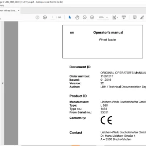 Liebherr L 580 1464 Wheel Loader Operator's Manual SN 33031 - PDF DOWNLOAD