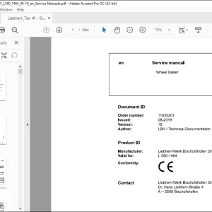 Liebherr L 580 1464 Wheel Loader Technical Service Manual PDF