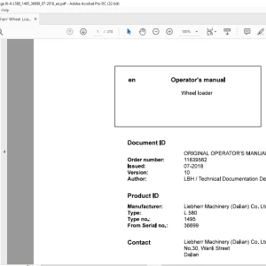 Liebherr L 580 1495 Wheel Loader Operator's Manual SN 36699 - PDF DOWNLOAD