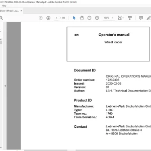 Liebherr L 580 1760 Wheel Loader Operator's Manual 48644 - PDF DOWNLOAD