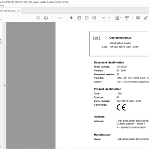 Liebherr L 586 461 Wheel Loader Operating Manual SN 18678 (USA / CAN) - PDF DOWNLOAD