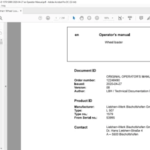 Liebherr L507 1579 Wheel Loader Operator's Manual 53995 - PDF DOWNLOAD