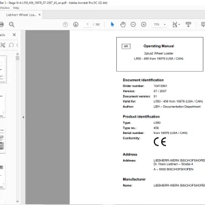 Liebherr L550 456 Wheel Loader Operating Manual SN 16978 (USA / CAN) - PDF DOWNLOAD