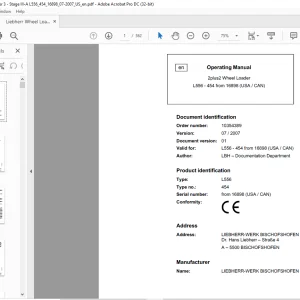 Liebherr L556 454 Wheel Loader Operating Manual SN 16898 (USA / CAN) - PDF DOWNLOAD