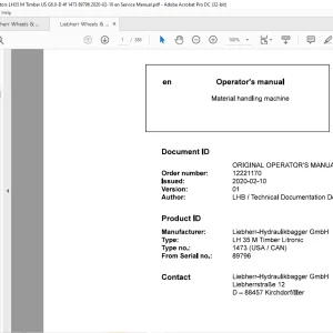 Liebherr LH 35 M Timber Litronic 1473 (USA CAN) Material Handling Machine Operator's Manual 89796 - PDF DOWNLOAD