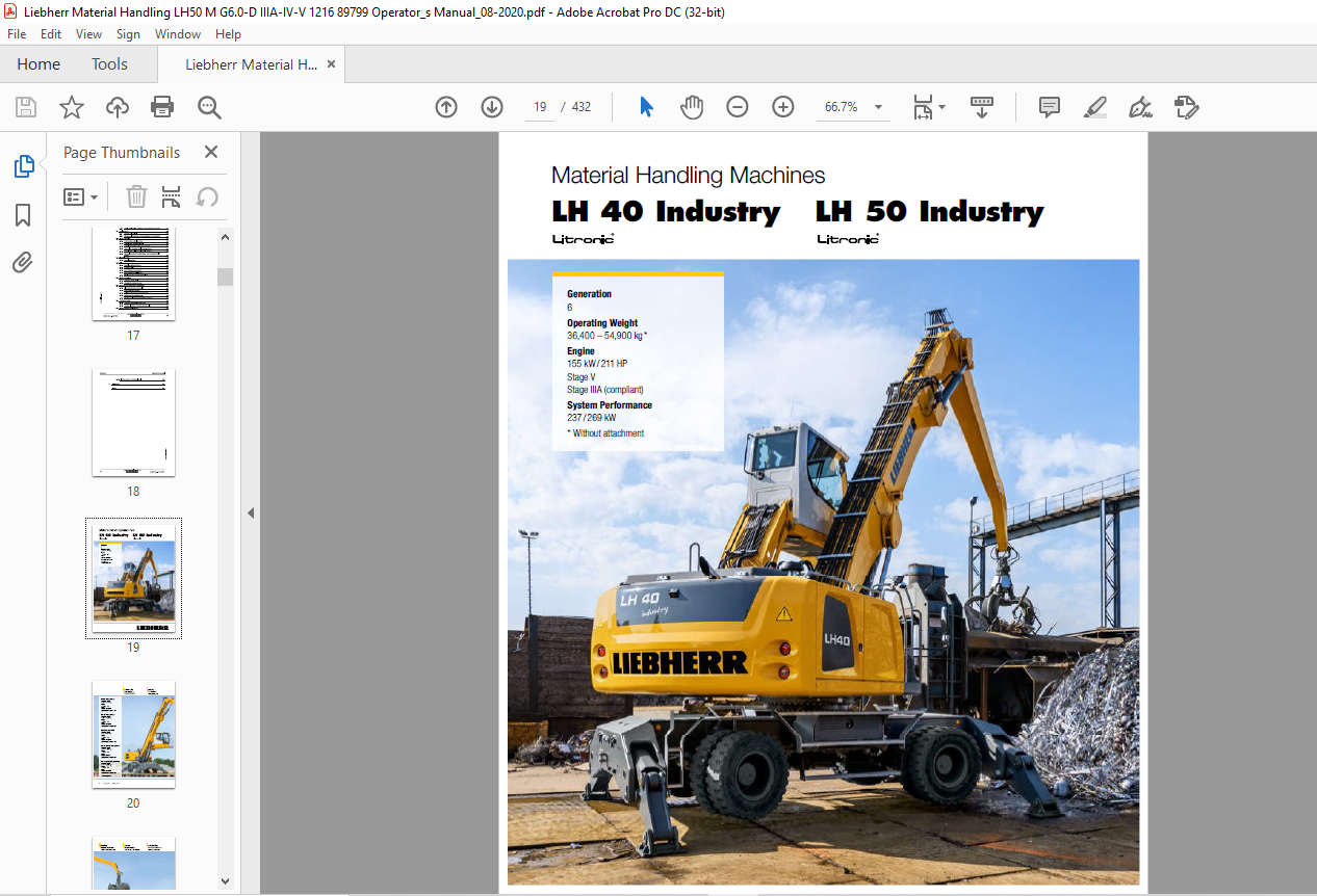 Liebherr Material Handling Machine LH 50 M Litronic Operator's Manual ...