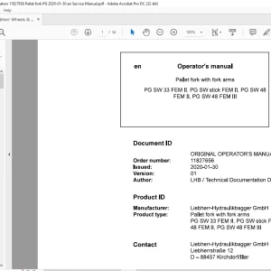 Liebherr Pallet fork with fork arms PG SW 33 FEM II, PG SW stick FEM II, PG SW 48 FEM 11, PG SW 48 FEM Ill Operator's manual  -  PDF DOWNLOAD