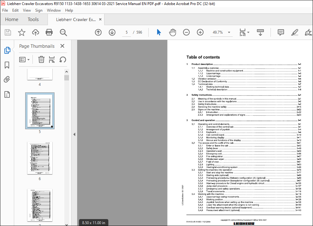 Liebherr R 9150-R 9150B Hydraulic excavator Operating Manual 30614 ...