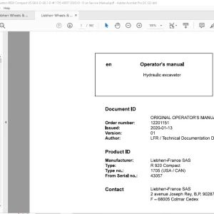 Liebherr R 920 Compact 1705 (USA / CAN) Hydraulic Excavator Operator's Manual 43057 - PDF DOWNLOAD