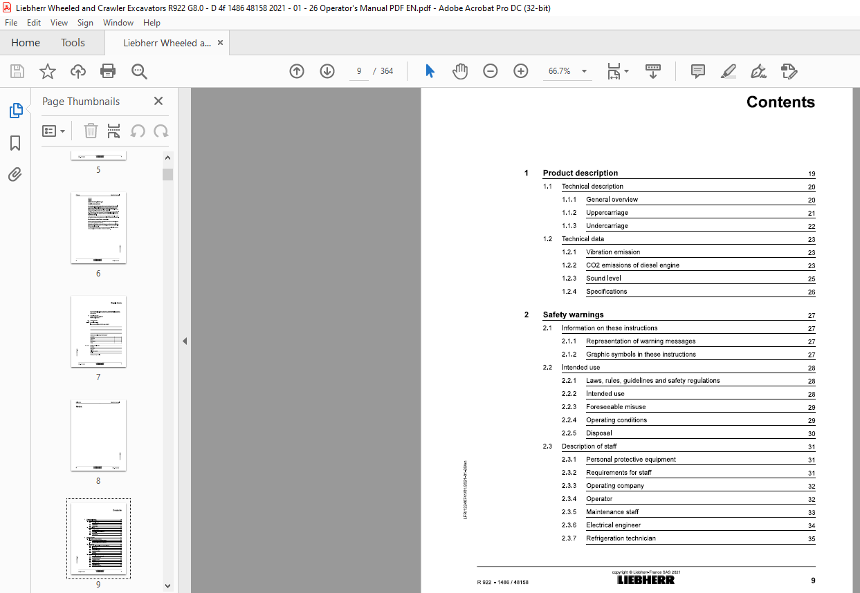 Liebherr R 922 1486 Hydraulic Excavator Operator's Manual 48158 - PDF ...